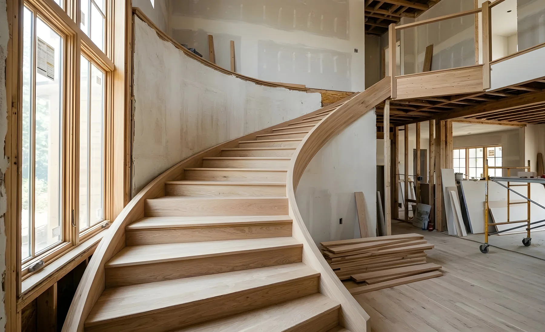 Holztreppe bei der Erneuerung im Bestandsgebäude