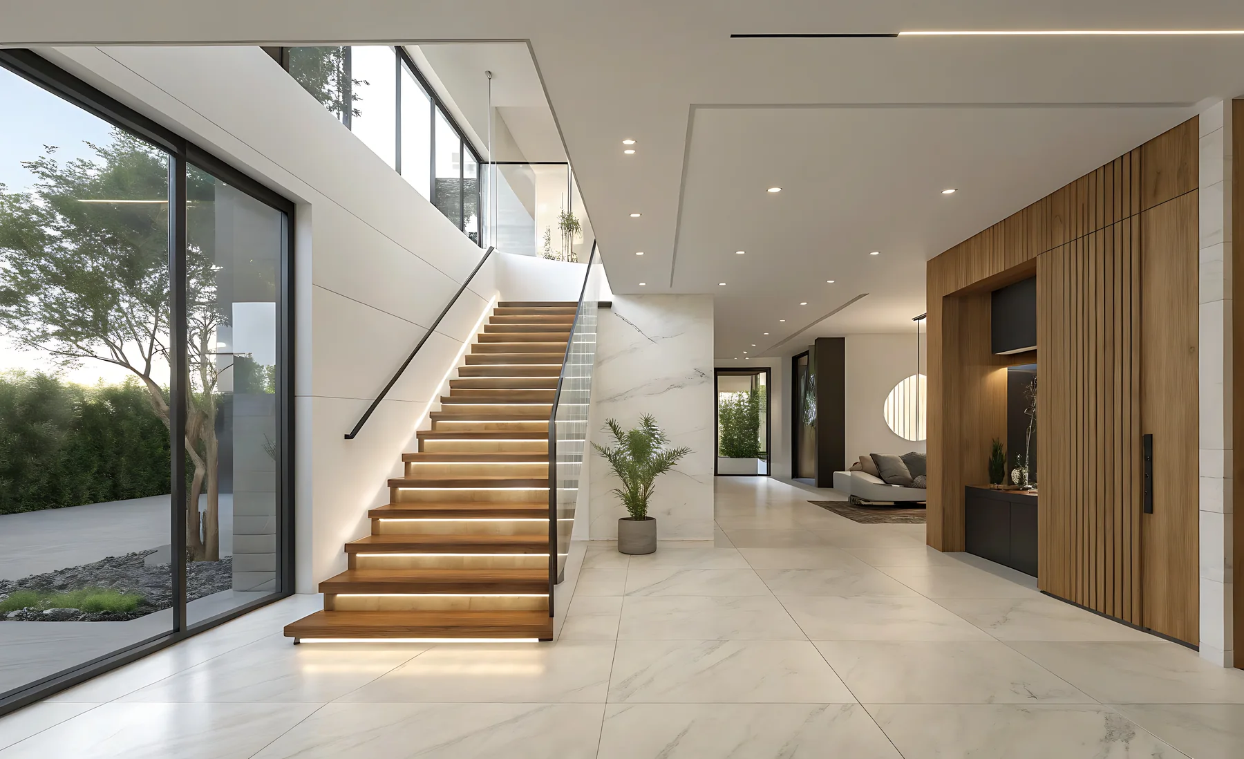 Offene Holztreppe in einem modernen Wohnraum