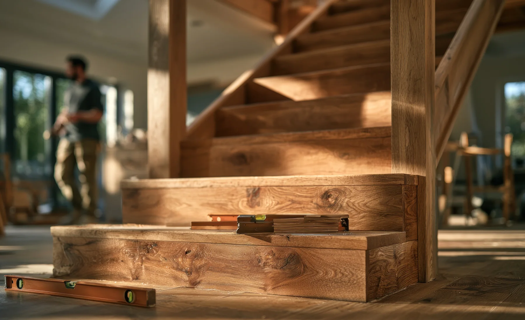 Detailaufnahme bei der Bearbeitung einer Holztreppe