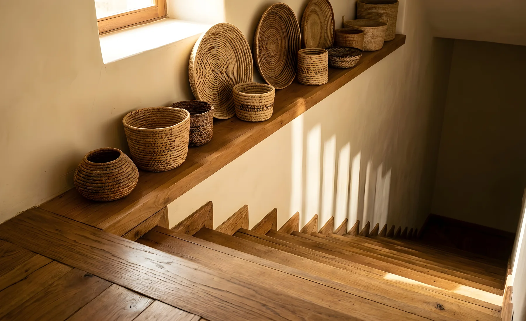 Holztreppe in einem kompakt geschnittenen Raum