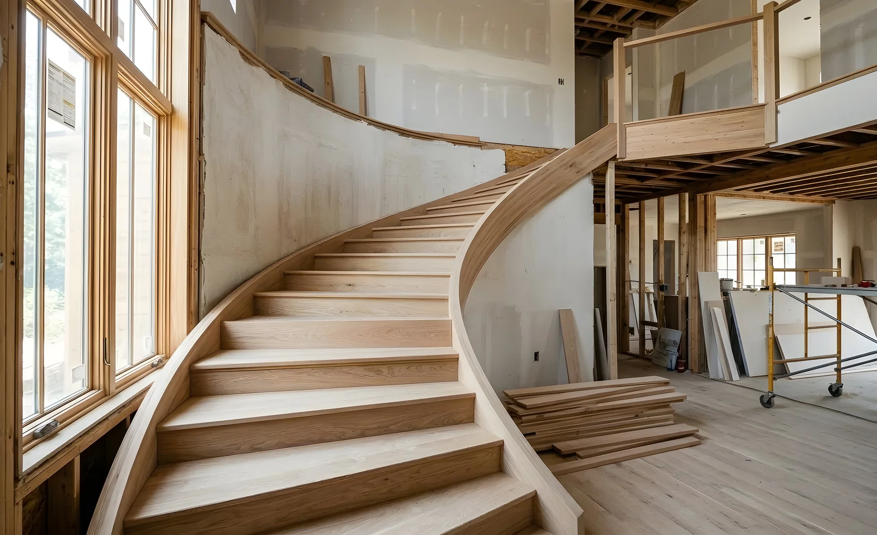 Holztreppe bei der Erneuerung im Bestandsgebäude