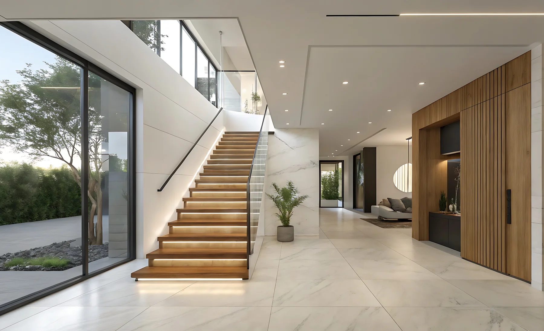 Offene Holztreppe in einem modernen Wohnraum