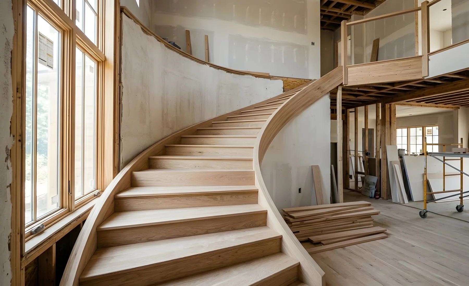 Holztreppe bei der Erneuerung im Bestandsgebäude