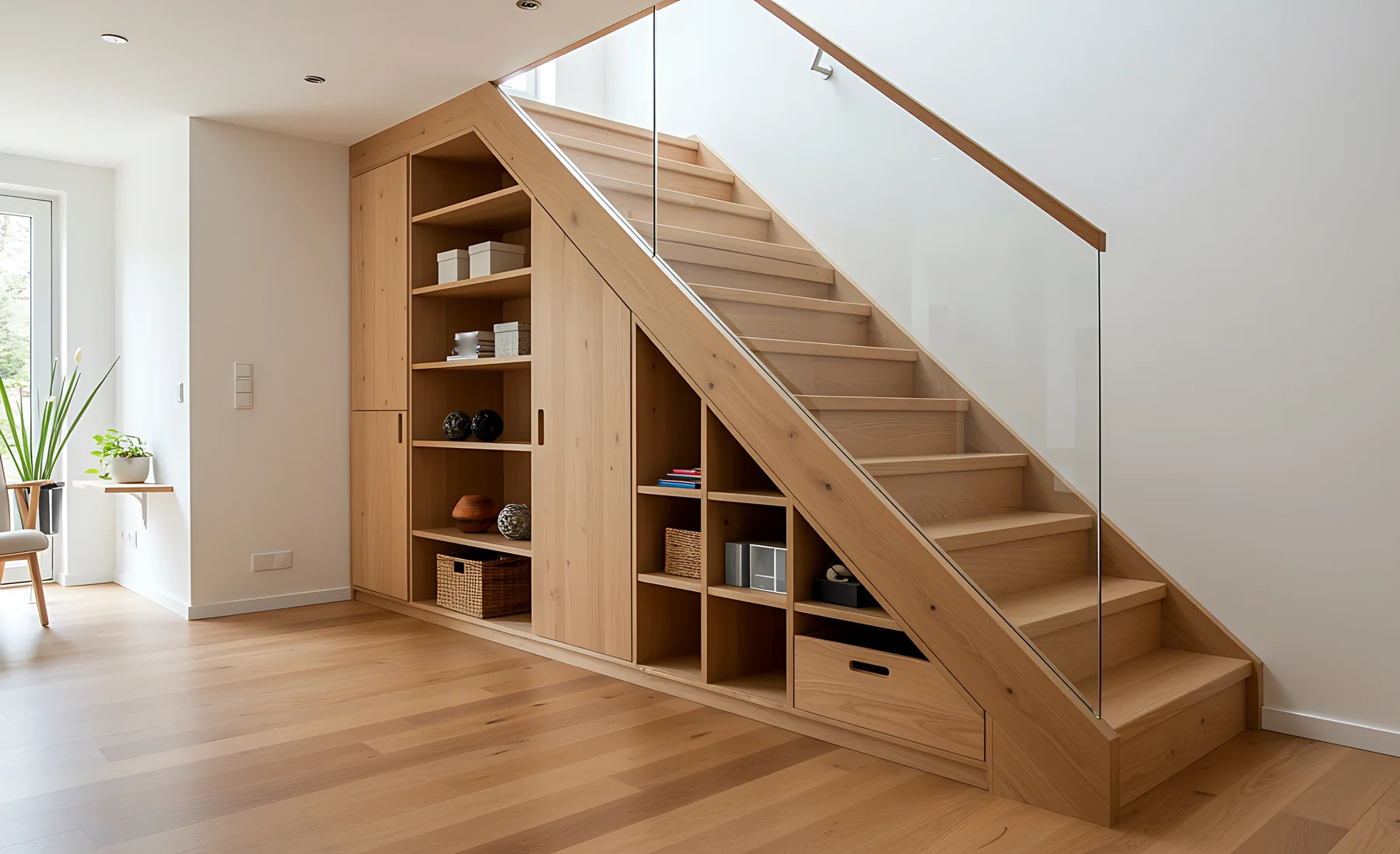 Platzsparende Holztreppe mit Stauraum darunter