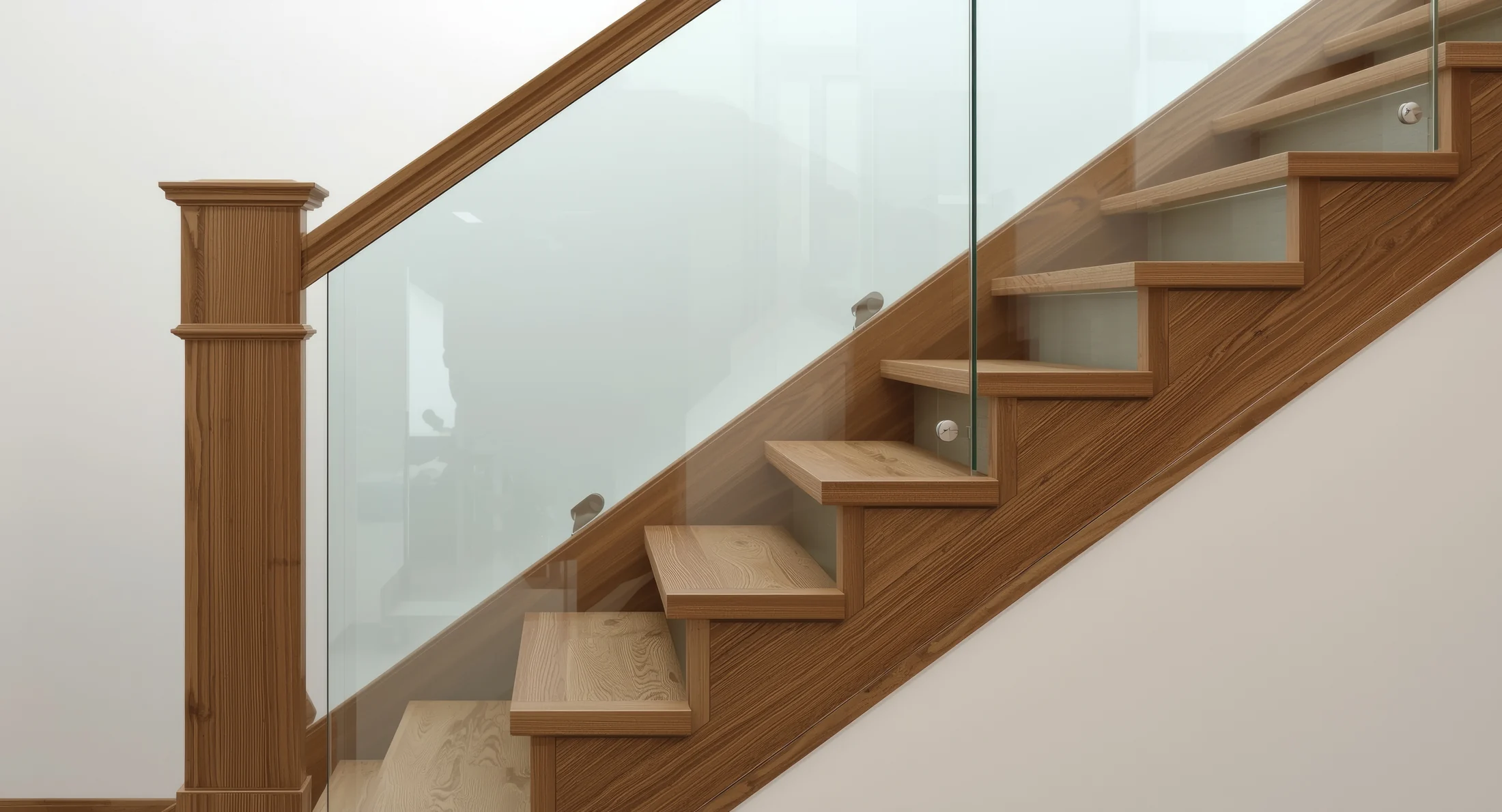 Holztreppe mit Glasgeländer und Handlauf